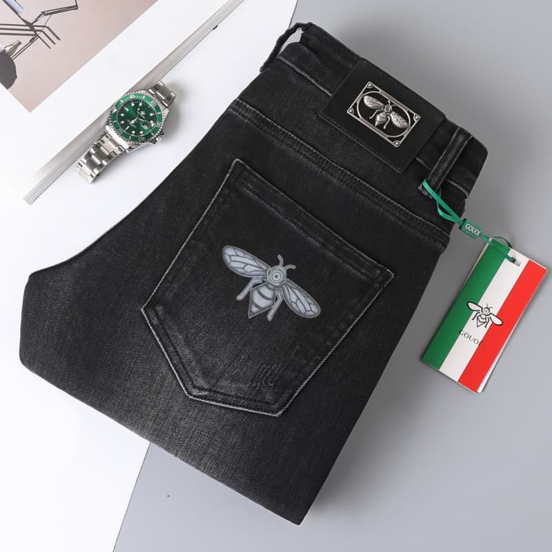 Authentic GOUOI Bee Jeans for Men, Fall/Winter Thick Premium Luxury Stretch Slim Tapered Pants Cross-Border