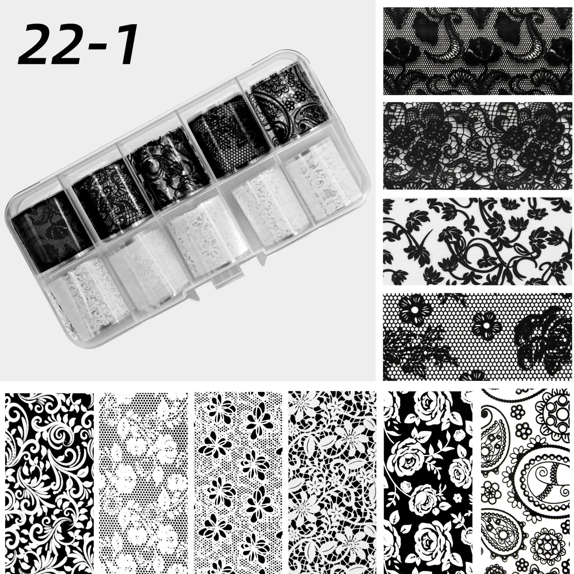 Cross-border Japanese-style nail art transfer stickers, 10-grid starry sky black and white sexy lace small floral lace nail stickers