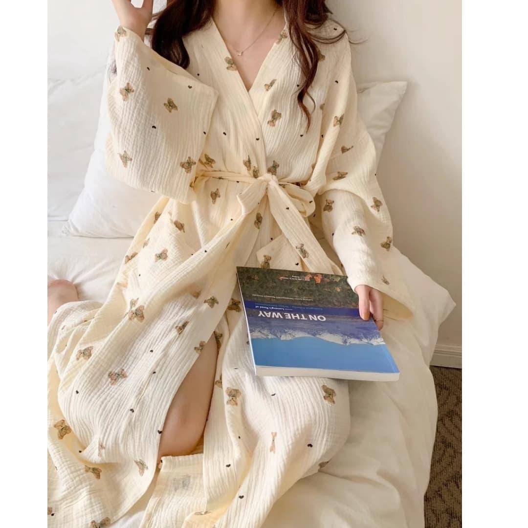 Women's Nightgown - Spring and Autumn New Japanese Ins Style Cute Bathrobe All-in-One Bear Long-Sleeved Casual Princess Style Homewear