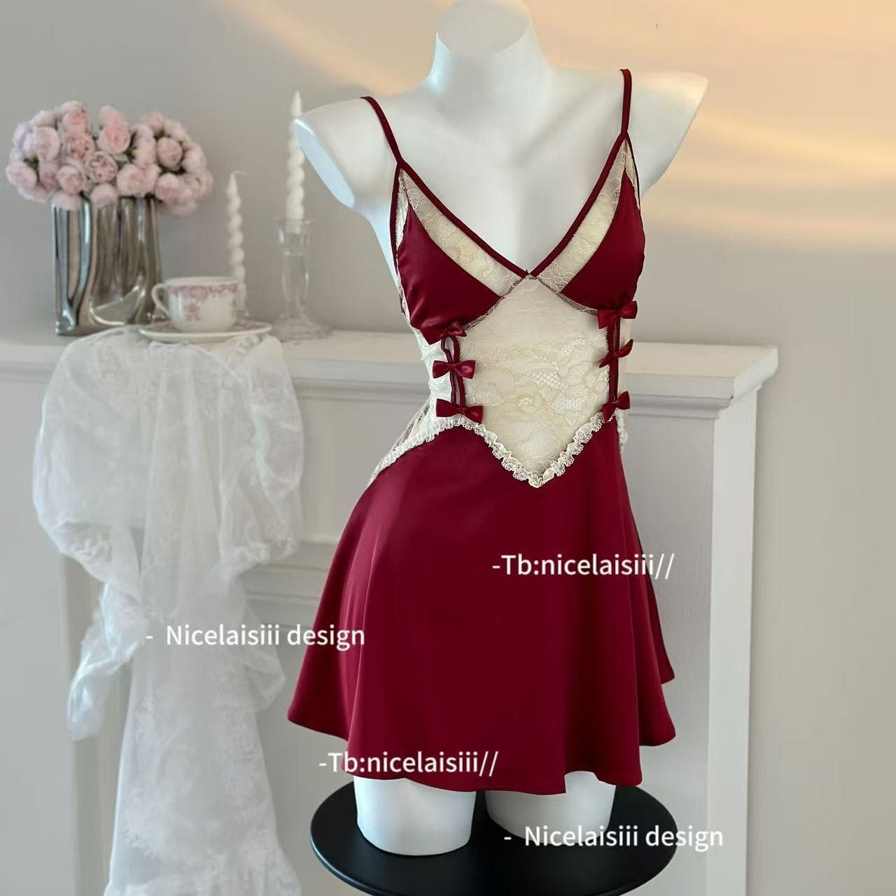 Sexy Summer Sleepwear Sweet Ice Silk Nightgown with Padded Cups, Strap Nightdress, Pure and Elegant Lace Dress