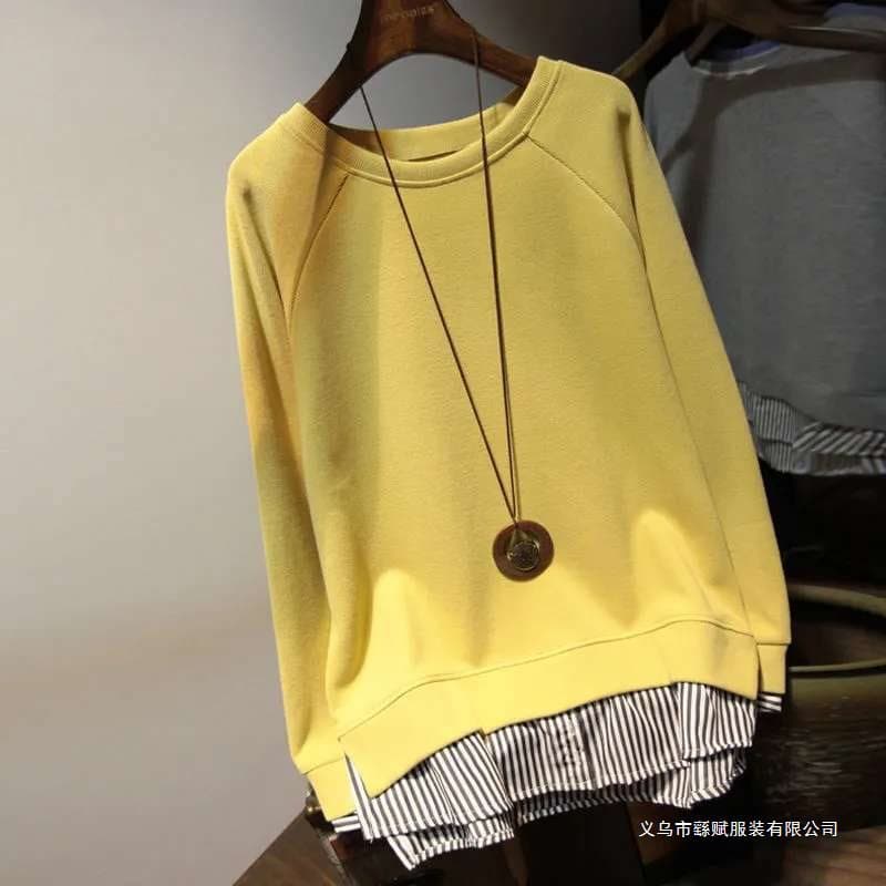 2025 Autumn Korean Version Simple Commuting Patch Slimming Mid-Length Sweatshirt Women's Plus Size Fashion Top Fake Two-Piece