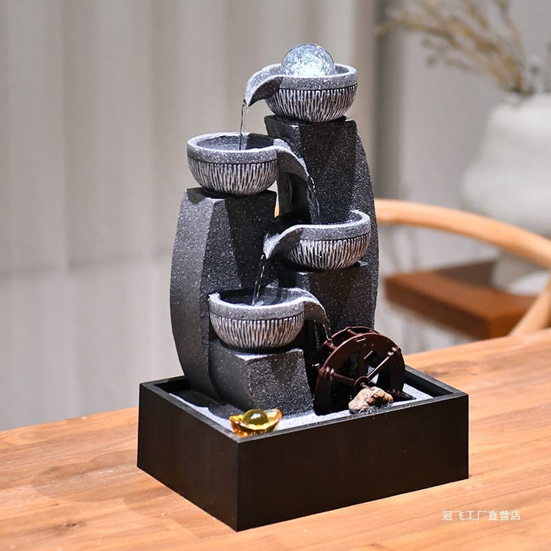 Desktop flowing water ornaments circulate to generate wealth, feng shui wheel, water wheel, tea table, small fountain, good fortune and wealth crystal