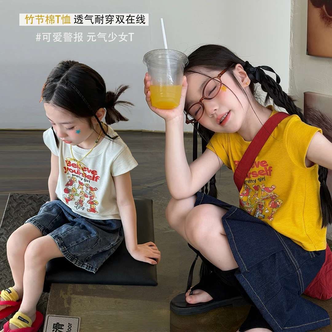 Sweet little girl summer Korean version contrasting color girl cartoon print short-sleeved T-shirt baby girl versatile bottoming top