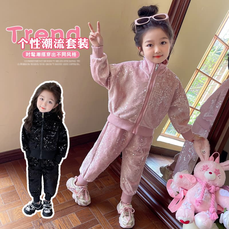 Girls' Spring/Fall Set Kids Korean Fashion Sporty Sequined Zipper Outfit Toddler Spring Clothing