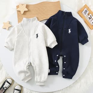 Baby Spring Romper, Autumn/Winter Fleece-Lined Newborn Toddler Sweatshirt Crawling Suit, Zipper, Soft & Warm