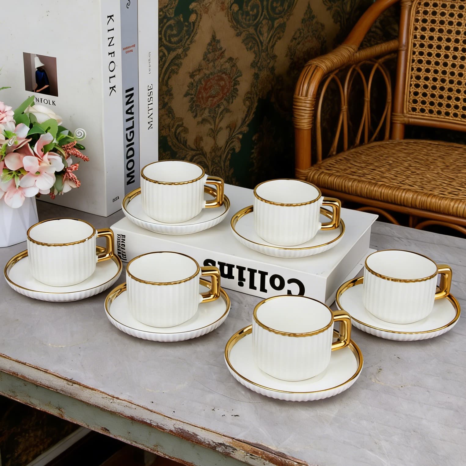 European Ceramic Coffee Cup and Saucer Set Gold Rim Water Ripple Home Luxury Premium Afternoon Tea Cups