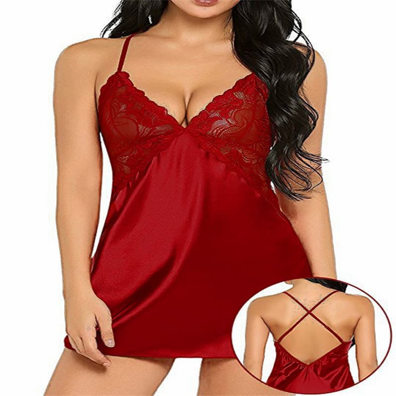 Cross-Border Supply European and American Export Sexy Lingerie Sexy Imitation Ice Silk Back Cross Suspender Nightgown Sexy Suit