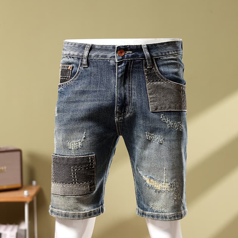 European Station Summer Blue Stitching Denim Shorts Casual Five-Point Pants Fashionable Distinctive Ripped Beggar Horse Pants Men