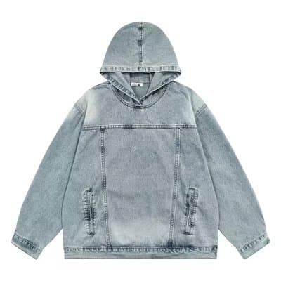 Washed Blue Hooded Denim Vest, American Retro Design Denim Hoodie, Couple's Distressed Denim Jacket