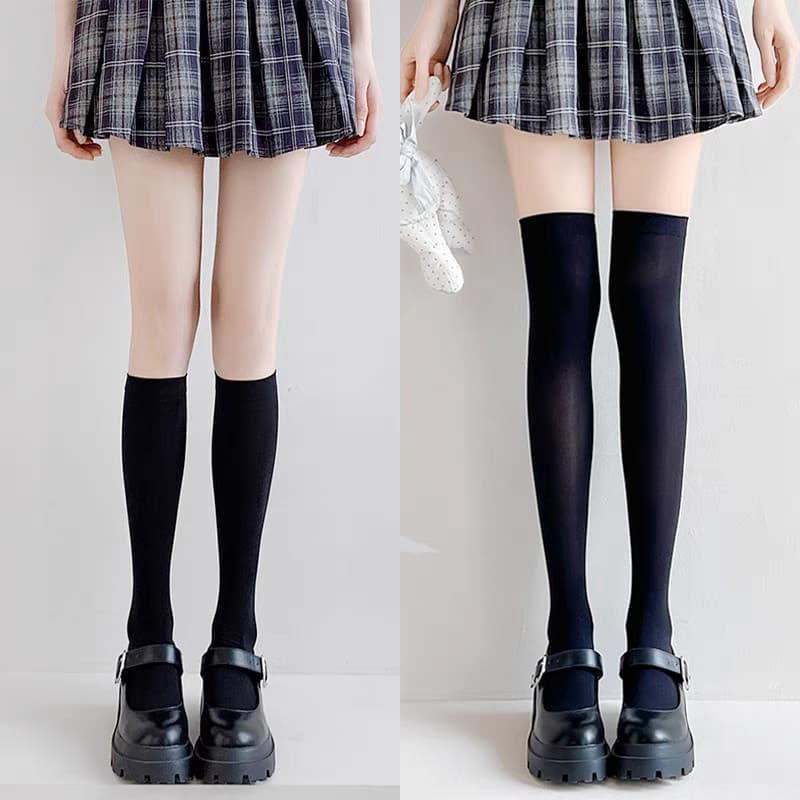 Women's black velvet over-the-knee stockings, thin style, sexy summer JK socks, off-white long stockings, white thigh-high socks.