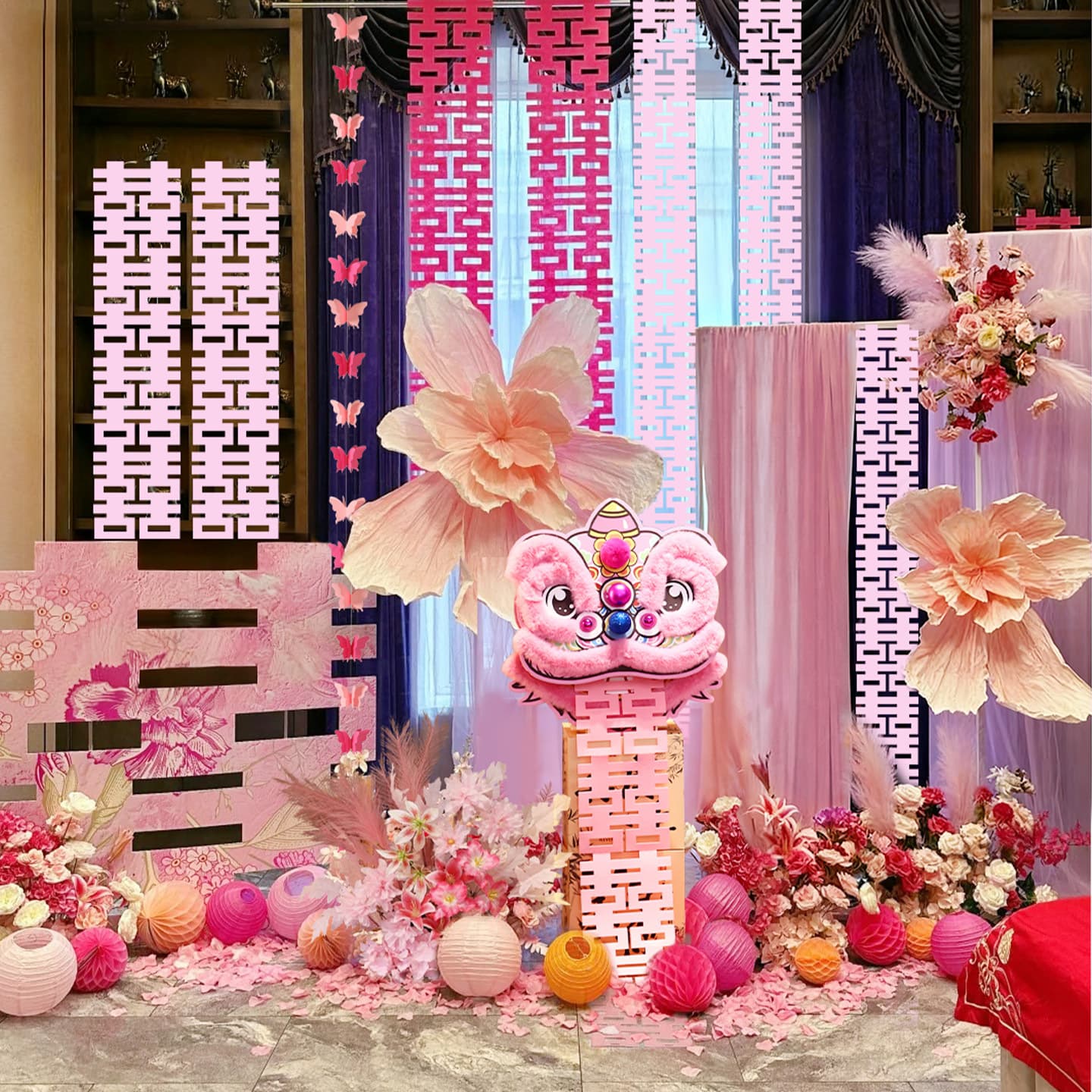 Pink Lion Dance Wedding Room Decoration Set, Bride's Room, Groom's Hotel, Morning Robe Background Decor with Chinese Character Xi