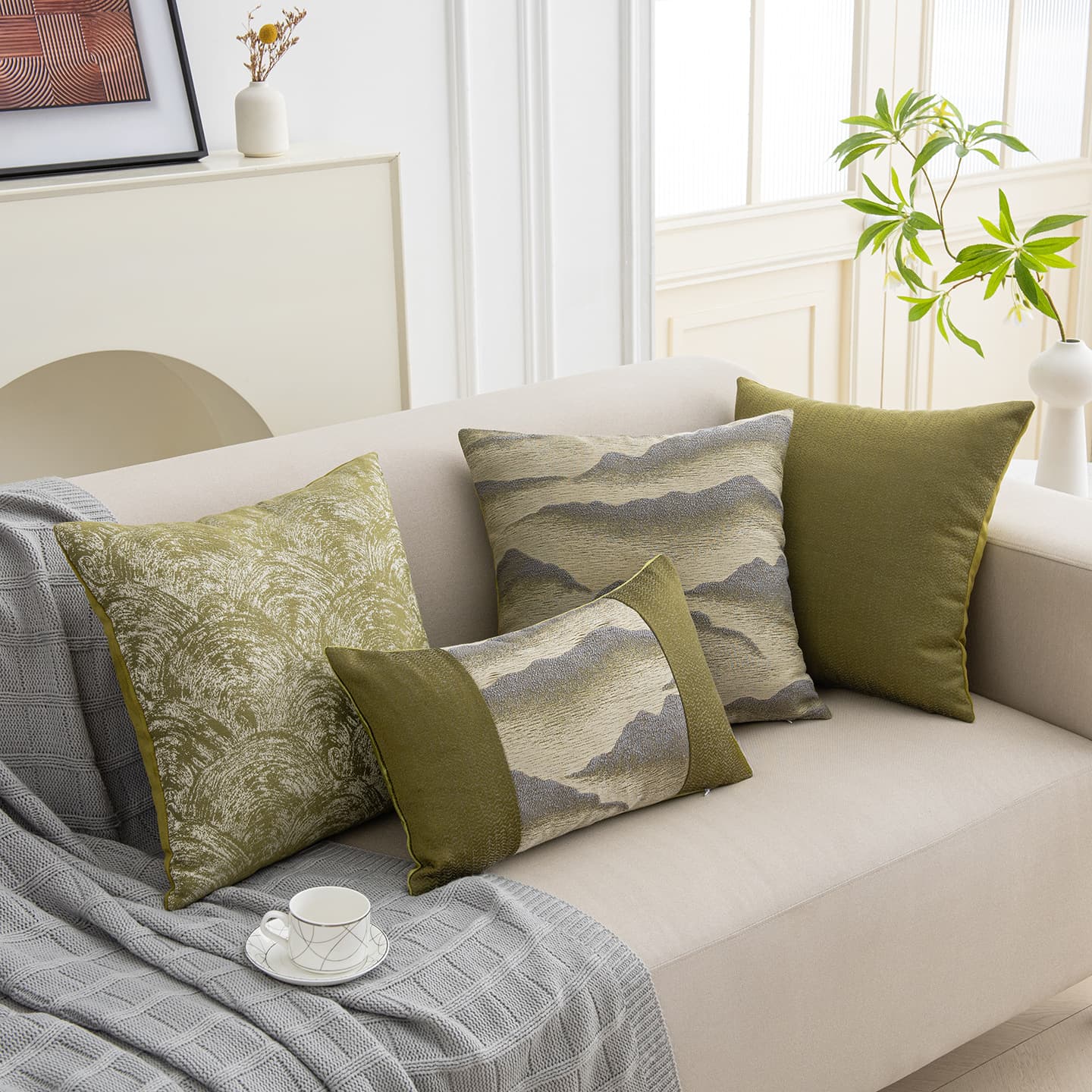 New Chinese style chenille landscape jacquard pillow cushion cover national style green light luxury waist pillow living room sofa cushion cover