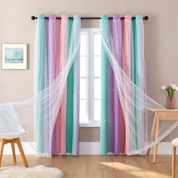 Cross-border Rainbow Gradient Curtains for Bedroom Sheer Curtains Amazon Double-Layer Lace Curtains Ready-Made with Rod Pocket Star Pattern