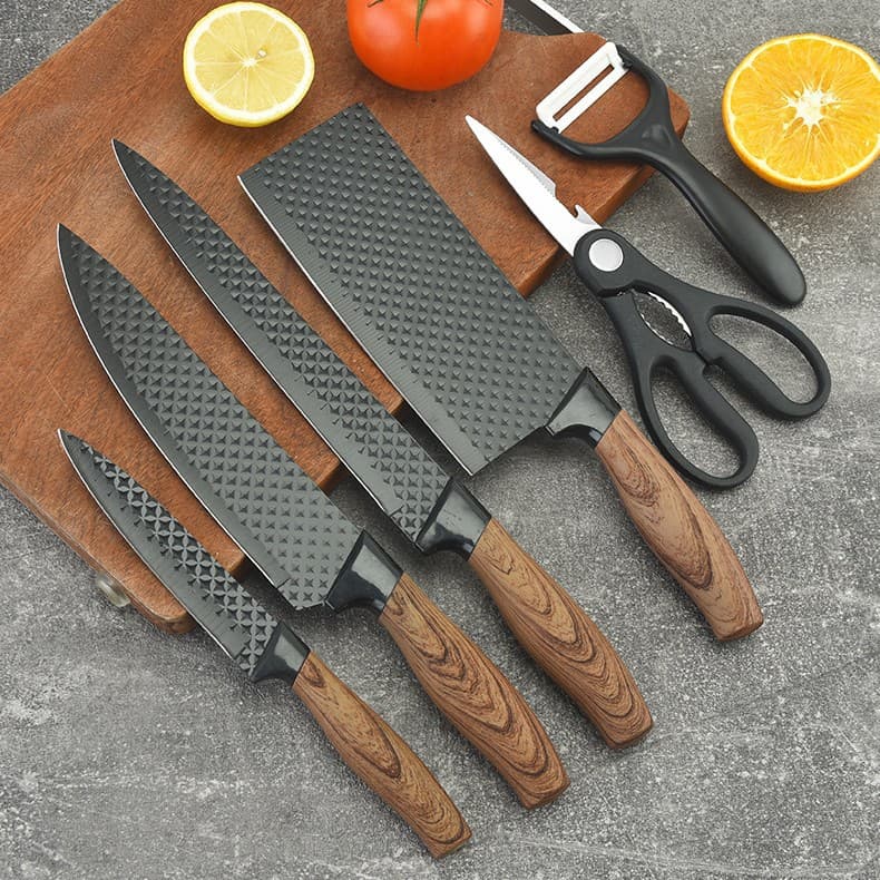 Kitchen Knife Set New Fat Handle Coated 6-Piece Chef Knife Cook Knife Fruit Knife Kitchen Scissors Knife Set