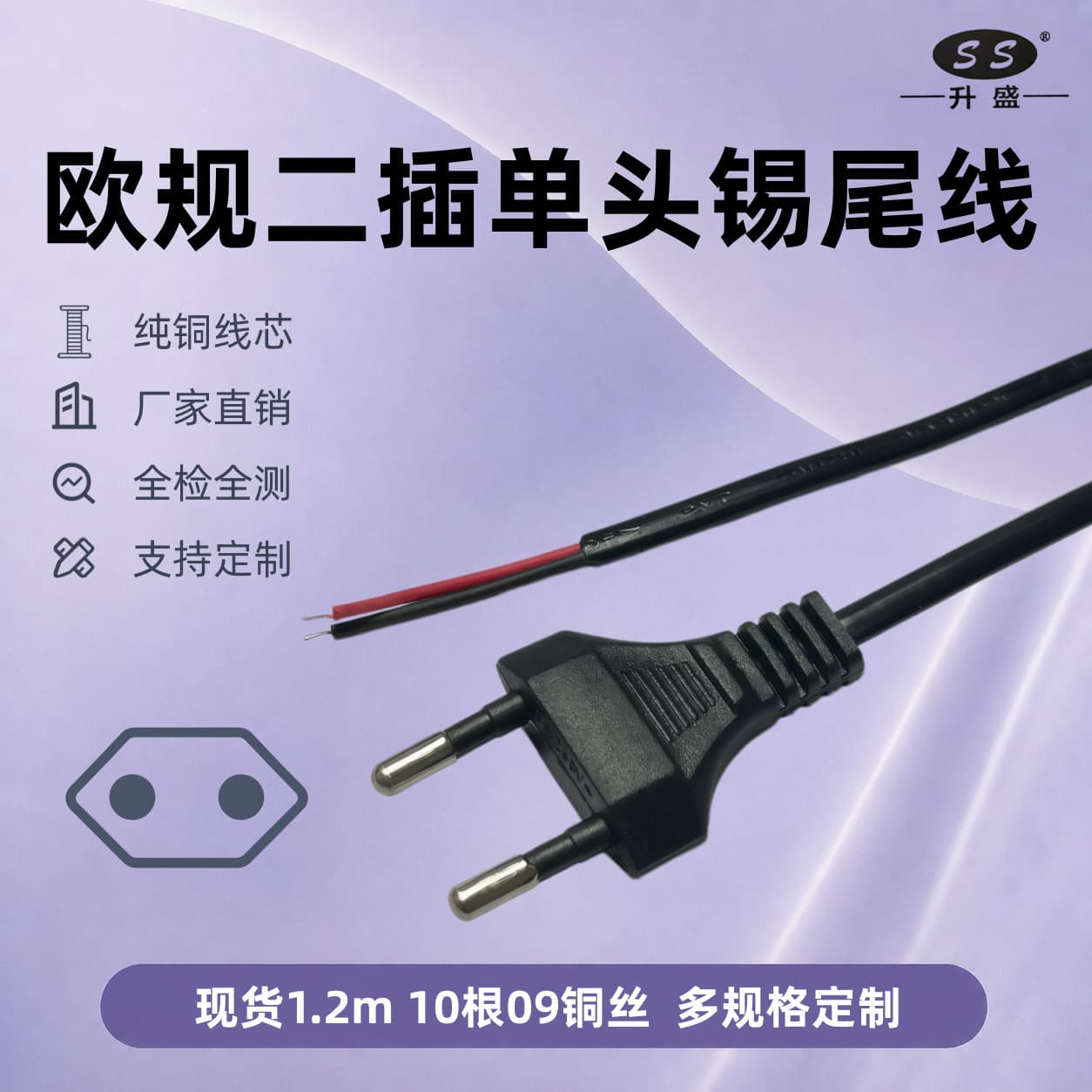 EU Standard 2-Round-Pin Single-Head Tinned Tail Power Cord, European Two-Round Plug, Two-Core Tinned Wire, Pure Copper Tinned Tail