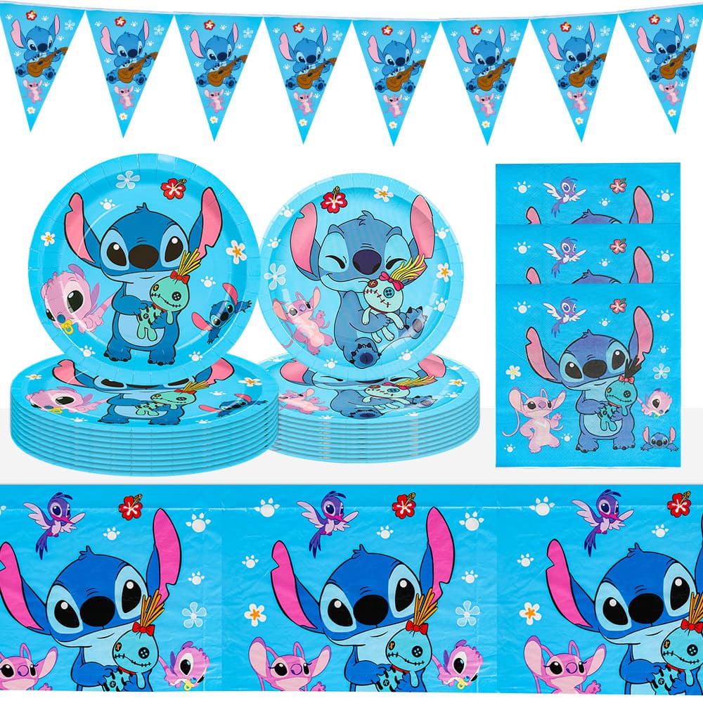 Children's birthday party supplies Lilo and Stitch theme paper cups paper plates tablecloth flags paper towels cutlery straws hats