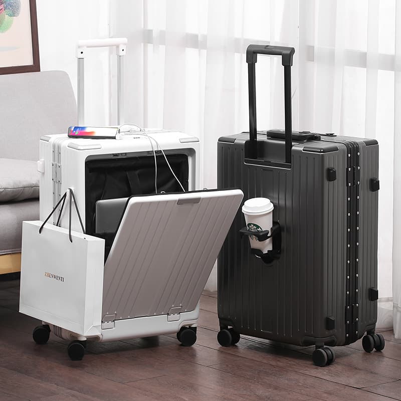 2024 Multifunctional Front Opening Luggage USB Charging Trolley Case Cup Holder Suitcase Carry-on Case Smart Charging