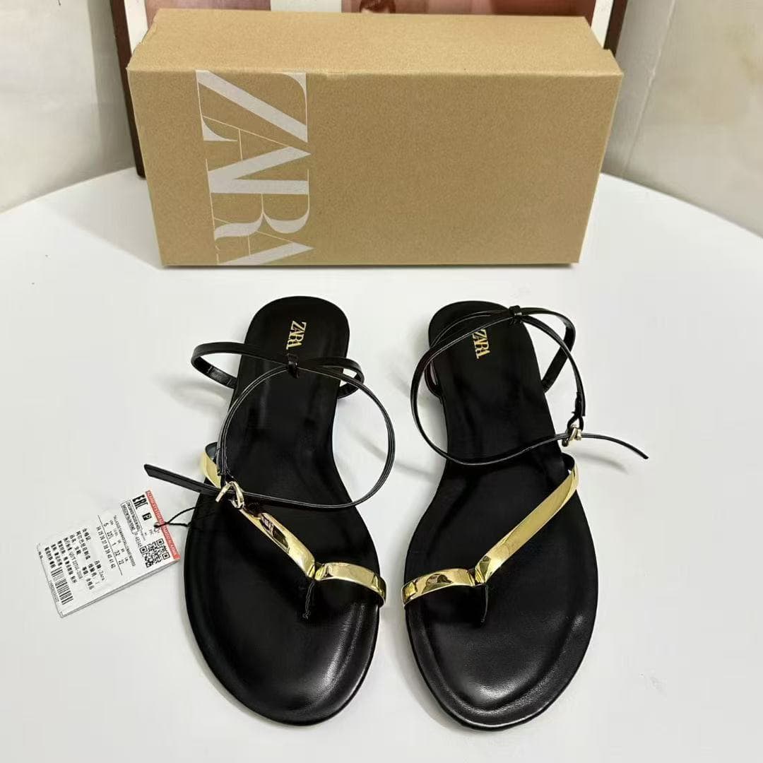 ZA2025 European and American Fall New Women's Shoes Black with Decorative Fashion Lace-up Metal Embellished Toe Post Flat Thin Heel Sandals