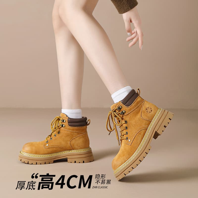 ZHR Chunky Sole Non-Slip Martin Boots for Women, Ins Versatile Yellow Boots, 2024 Autumn/Winter New Waterproof Work Boots