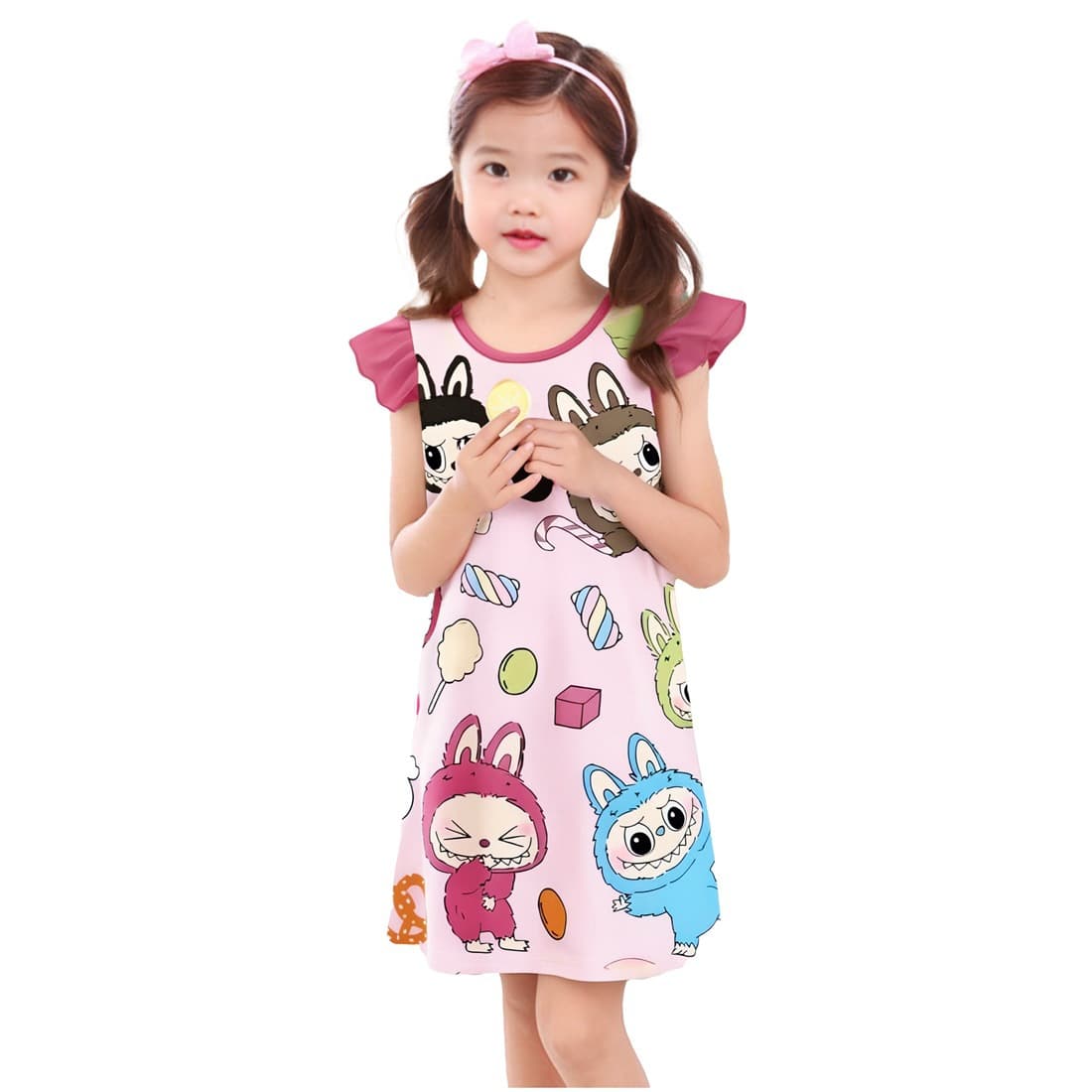 Cross-border Summer Thin LABUBU Children's Nightgown Short Sleeve Ruffled Cute Labubu Girls' Nightgown DI273