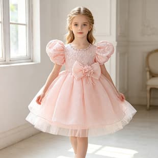 Cross-Border Embroidered Beaded Puff Sleeve Children's Gown Princess Dress for Girls, Choir Host Performance Dress Party Skirt