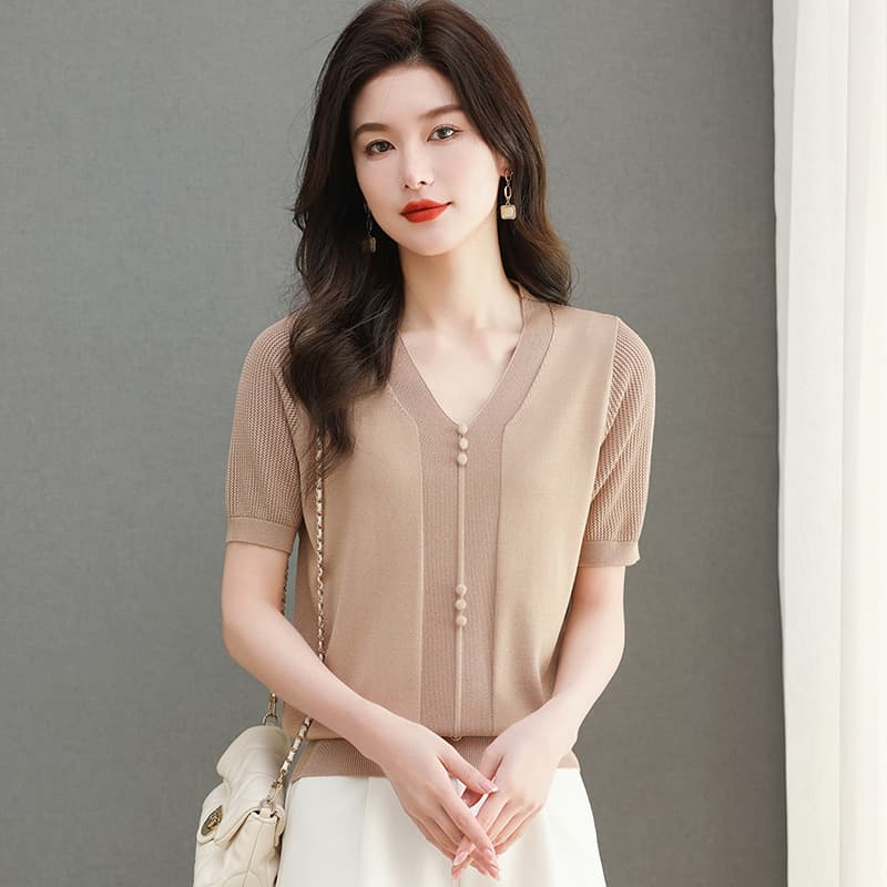 2024 New Arrival Young Mother Summer Fashion Dress with Skirt Knitted Sweater Top Thin V-neck Ice Silk Short Sleeve T-shirt for Women