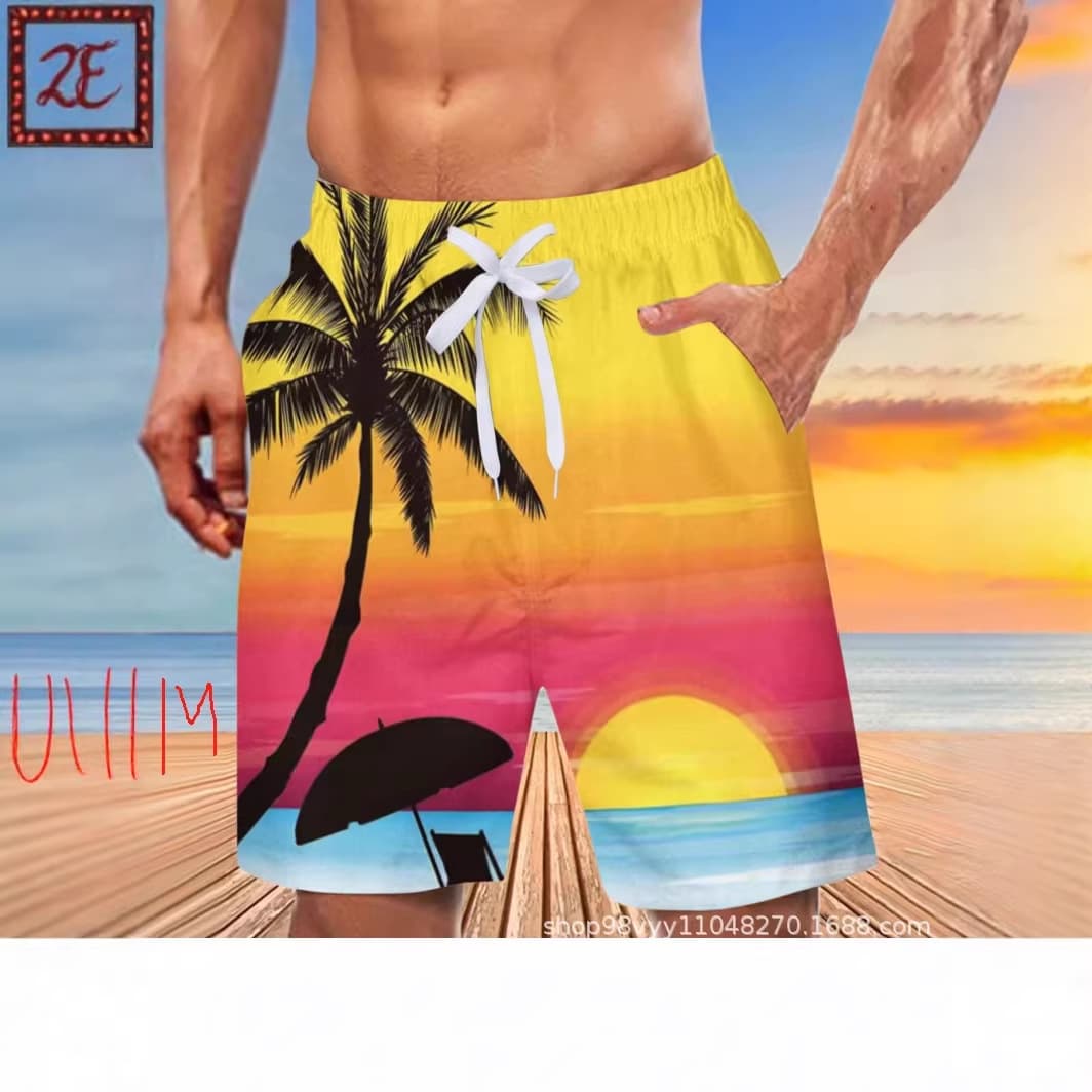 Cross-Border Bestseller Beach Swim Trunks Quick-Dry Shorts for Surfing with Coconut Tree and Wild Goose Pattern Wholesale for TEMU