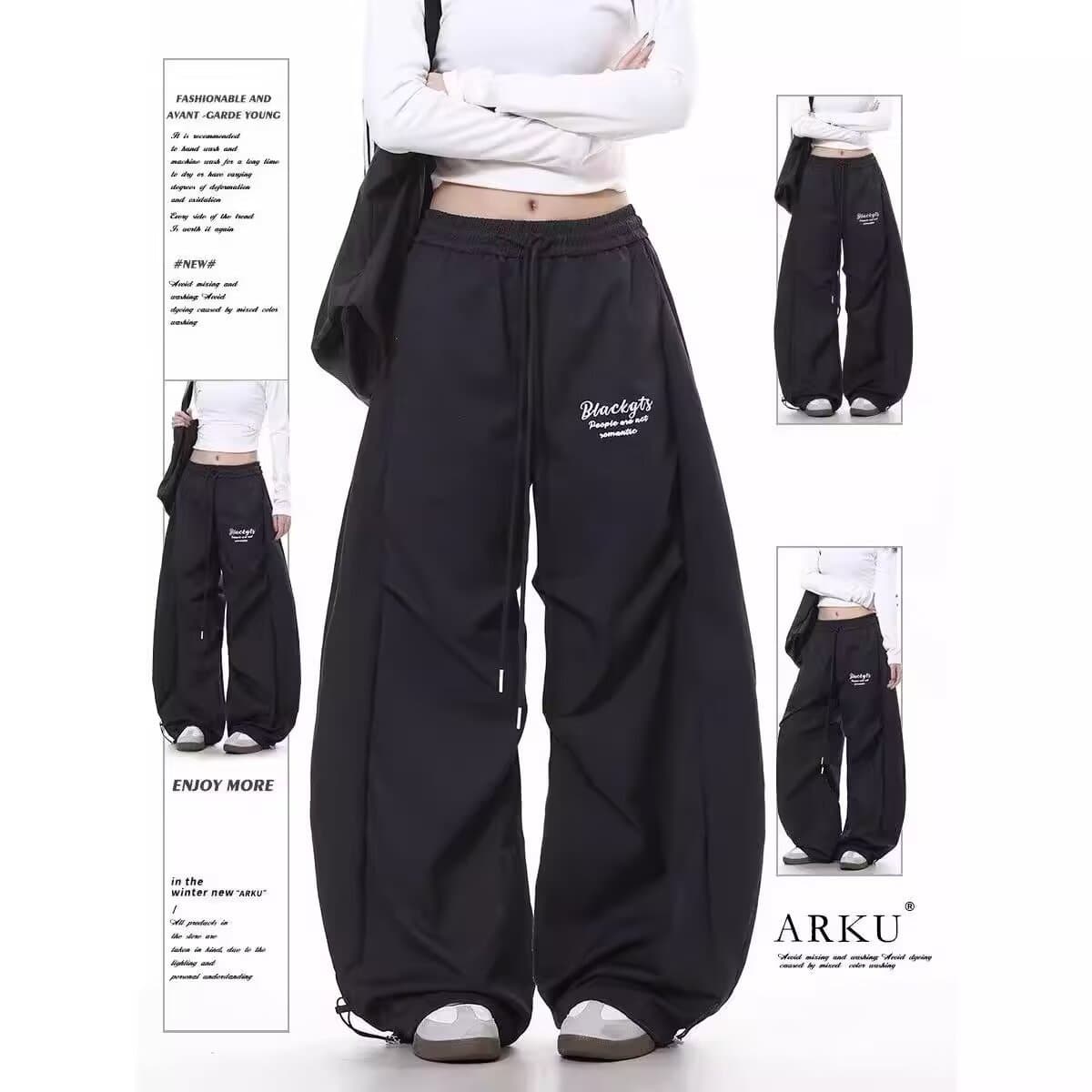 American-Style High Street Pleated Curved Pants for Men and Women, New Spring/Summer Elastic Waist Drawstring Loose Wide-Leg Floor-Length Casual Pants