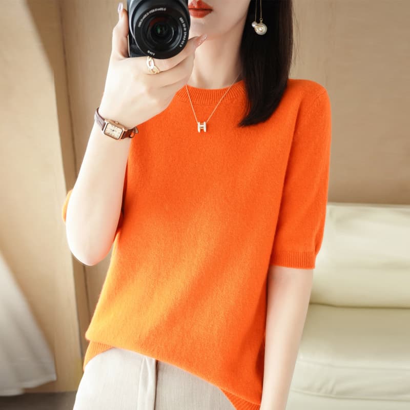 New Summer Thin Knit Short Sleeve T-Shirt for Women, Slim Fit Solid Color Round Neck Basic Top, Wholesale