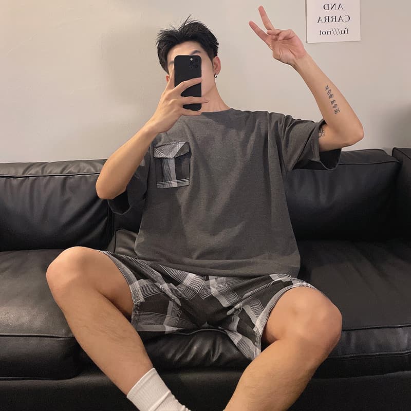 Summer Men's Pajamas Premium Short Sleeve Shorts Plus Size Teen Boys Casual Loungewear Korean Style