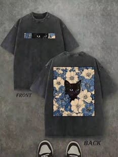 Mens 100% Cotton Washed T-Shirt Double Sided Print Cat In Fl