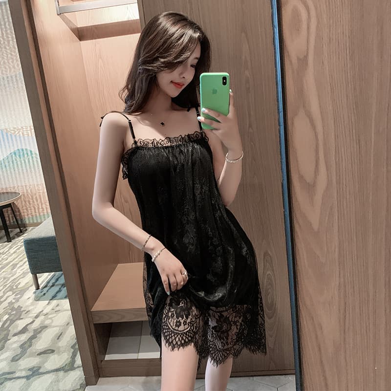 Camisole Sleepwear Women Summer Pajamas Ice Silk Sexy Black Mesh Plus Size Lace Low Cut Dress Spring Homewear