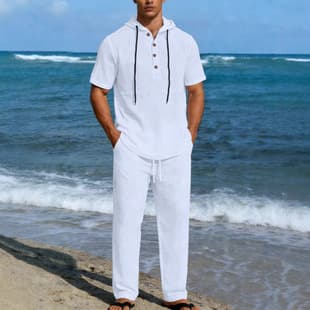 New Men's Linen Short-Sleeve Casual Top Linen Casual Pants Leisure Fashion Set