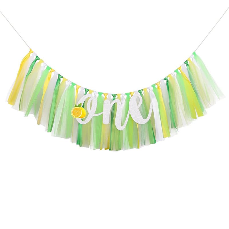 Lemon themed 1 year old high chair flag birthday veil one dining chair flag HAPPY BIRTHDAY paper flower insert