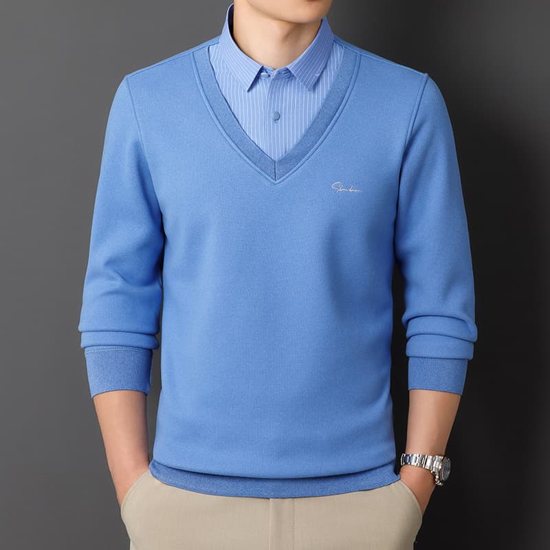 Fake Two-Piece Wool Shirt Fleece-Lined Thermal Winter Outerwear Shirt Men's Casual Pullover Long-Sleeve Shirt Fashion