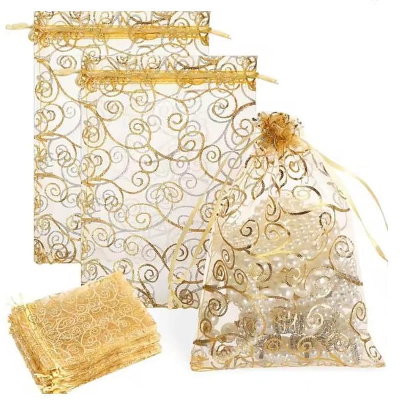 Gold Vine Pearl Yarn Bag Cosmetic Sample Decorative Packaging Mesh Bag Organza Gift Drawstring Pouch