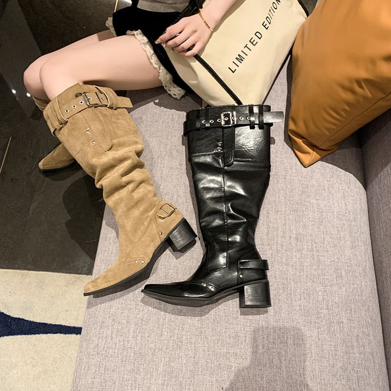Women's Knee-High Boots 2025 Spring/Autumn Style Apricot Suede Pointed Toe Chunky Heel Slimming Wrinkled Stacked Boots