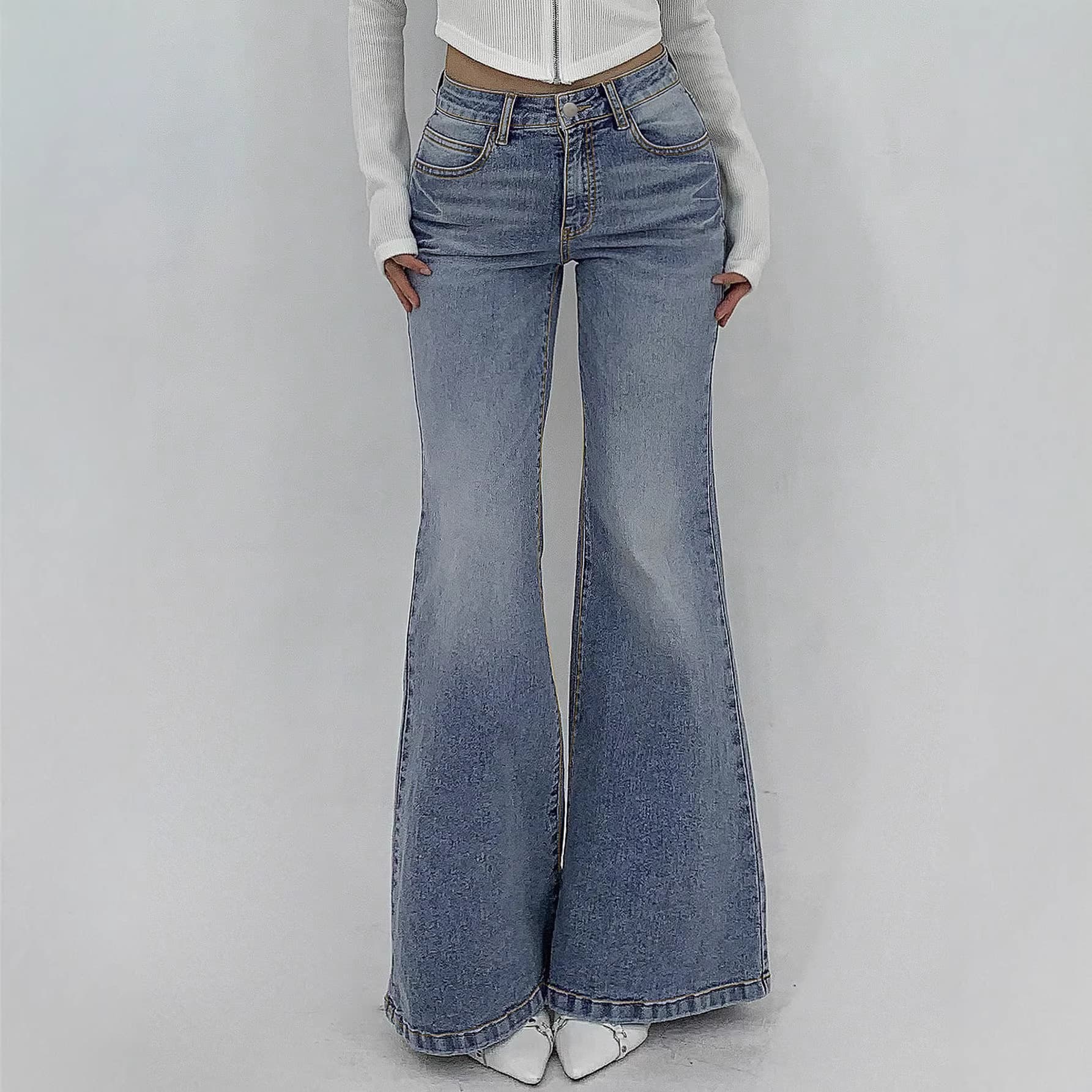 TK159 Women's High-Waist Flared Jeans Streetwear Stretch Slim Fit with Pockets