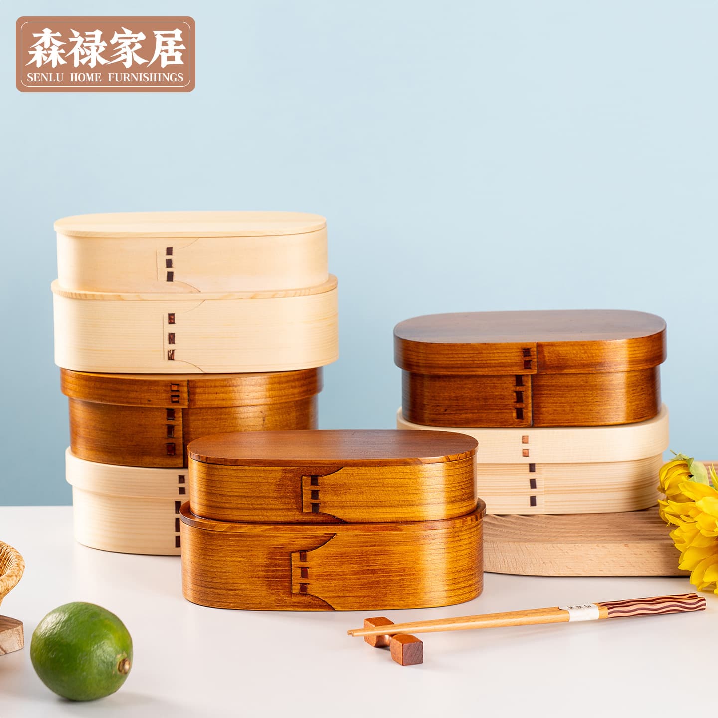 Japanese office worker lunch box wooden lunch box light luxury lunch box fresh lunch box compartment dry rice box portable style