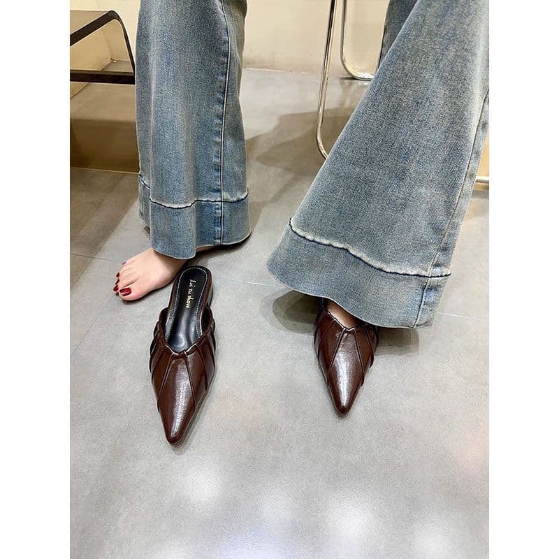 Women's Pleated Half-Slippers 2025 Summer New Style Pointed-Toe Sandals French-Style Closed-Toe Flat Mules