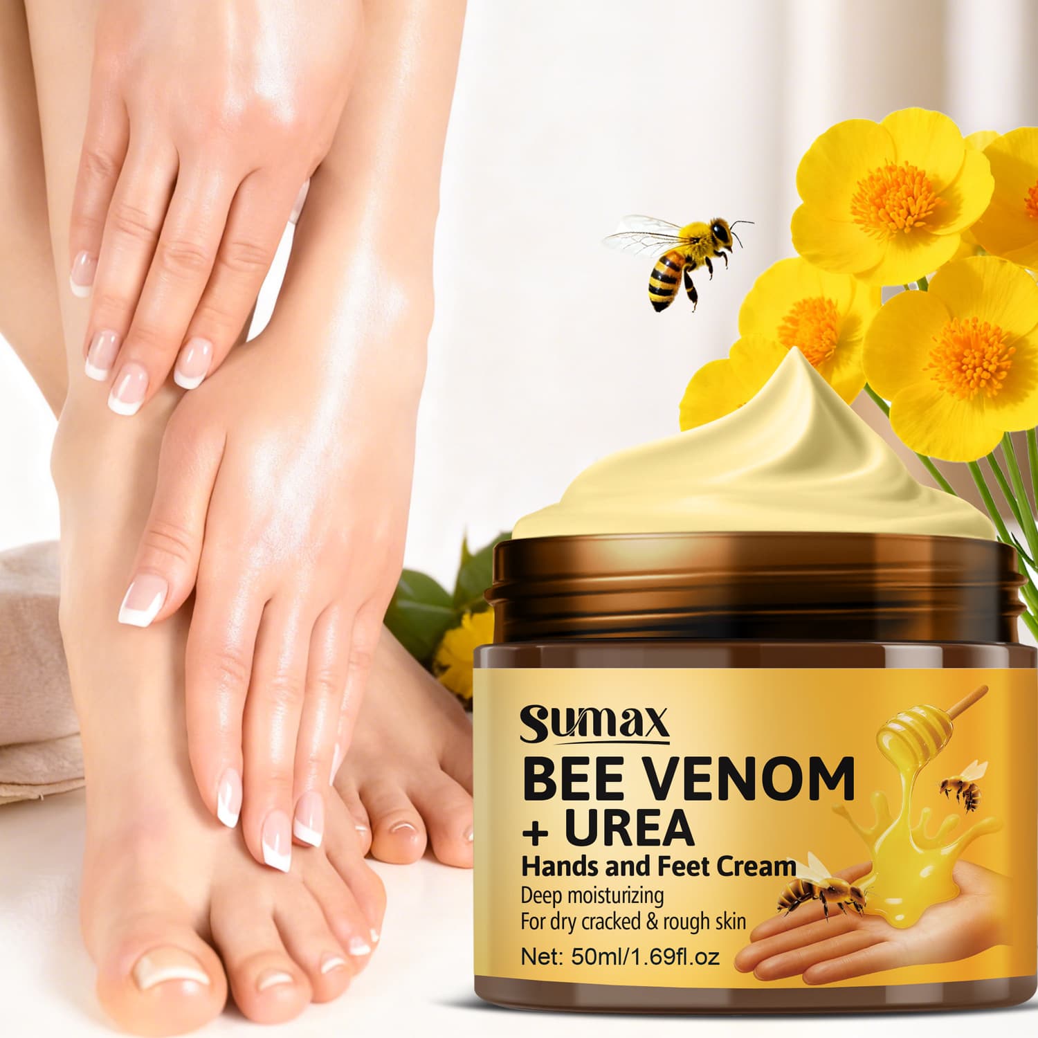 SUMAX cross-border export English packaging 50ml brown black lid jar bee venom + urea chapped hand and foot cream