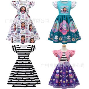 Cross-border Children's Gabby's Dollhouse Striped Dress Kids Flutter Sleeve Simple Puffy Princess Skirt