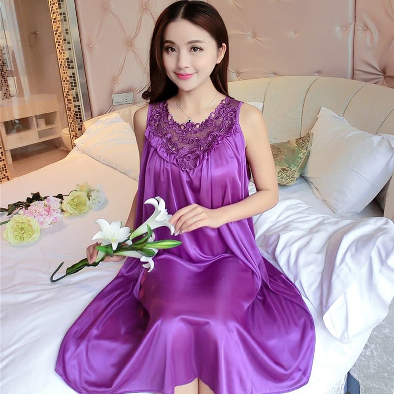 Summer Silk-Like Sleepwear Women Sexy Lingerie Ice Silk Lace Flared Skirt Solid Color Homewear Live Streaming Export