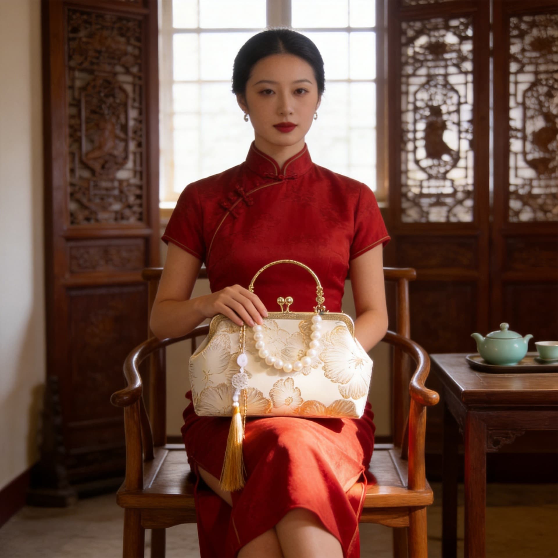 Cross-border new Chinese style national style rich flower cheongsam bag temperament elegant dinner pocket bag solemn portable gold bag