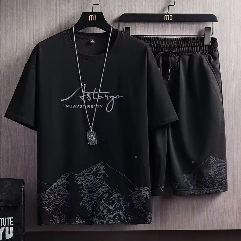 Men's Loose T-Shirt 2025 Hong Kong Style Summer Korean Sportswear Set Student Short Sleeve Simple Five-Point Pants Cross-Border Wholesale