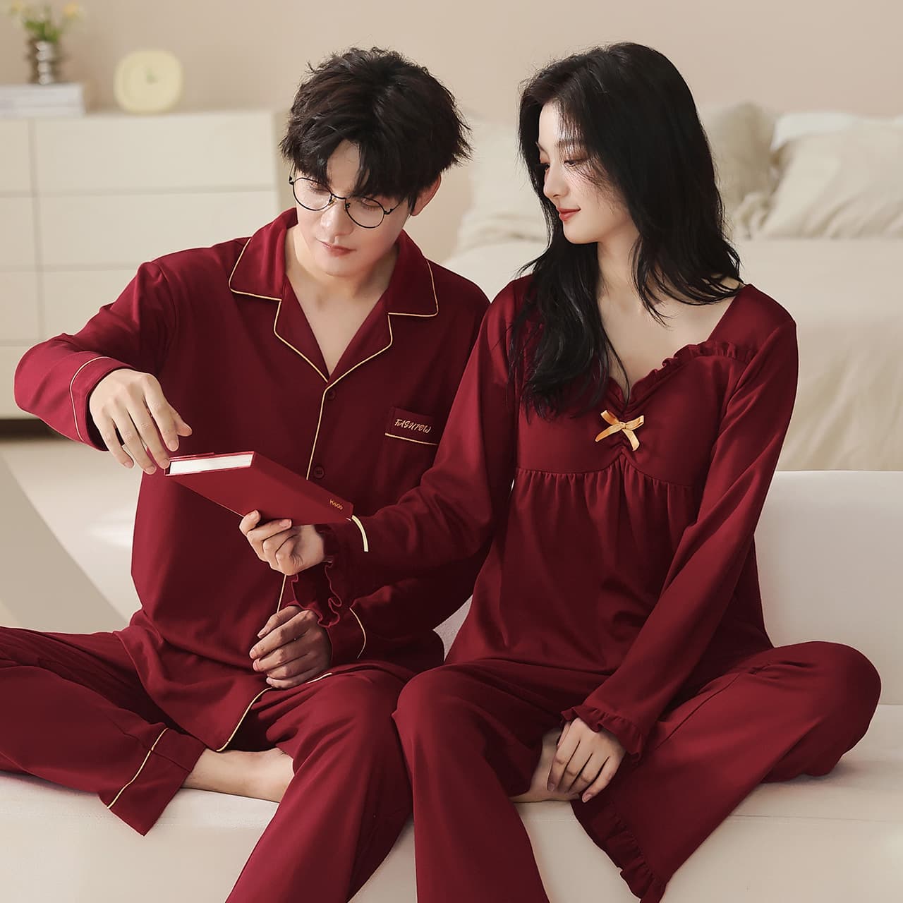 Pure Cotton Red Pajamas for Women Wedding Couple Set Autumn Winter Bride and Groom Casual Homewear