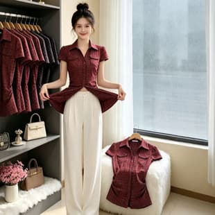 Korean Retro Red Plaid Short Sleeve Shirt for Women Summer Design Square Shoulder Cinched Waist Slim Fit Crop Top