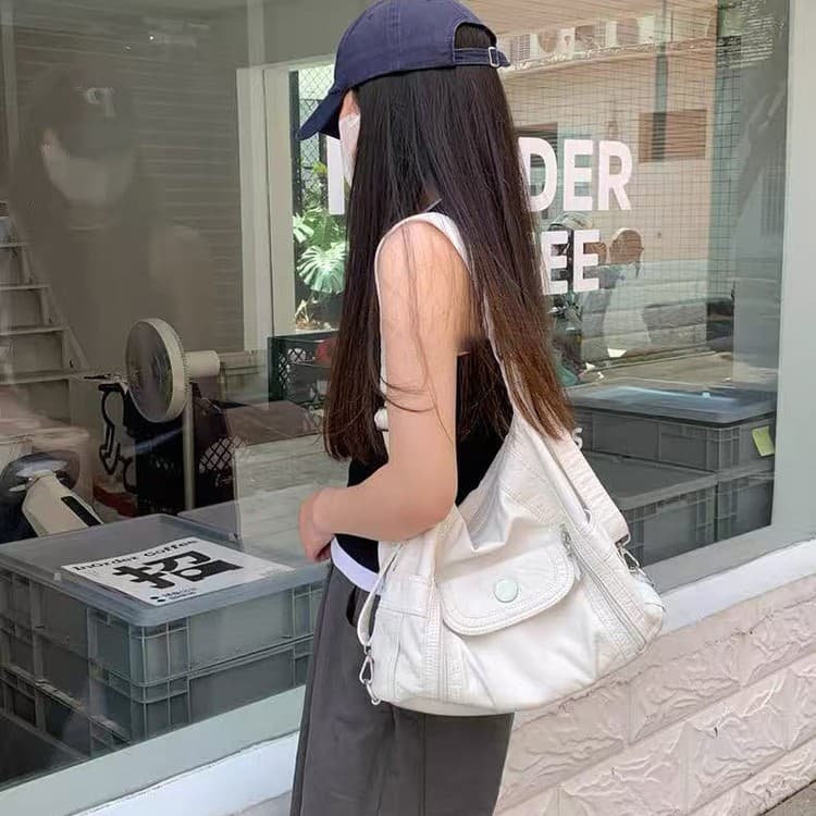 Simple White Motorcycle Girl Backpack Women's Millennial Style Medieval Retro Tote Bag Adjustable Shoulder Bag