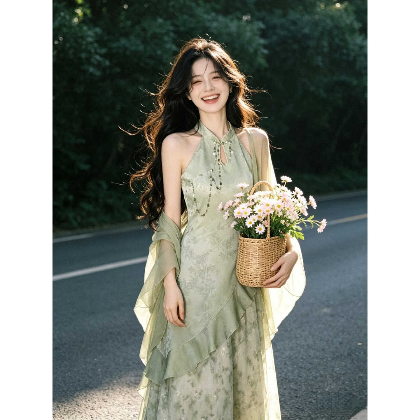 New Chinese style improved cheongsam dress cardigan two-piece set with summer atmosphere and beautiful long skirt