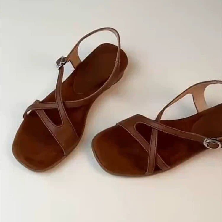 2026 New Style Soft Leather Open-Toe Roman Square-Toe Sandals for Women, Flat with 3cm Heel, Square-Toe Open-Toe Vacation Style Roman Square